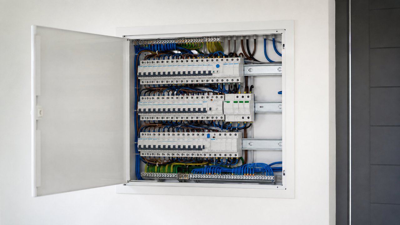 Elektryk przy otwartej rozdzielnicy elektrycznej w budynku