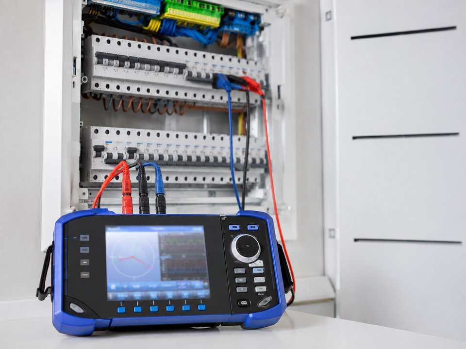 Elektryk z miernikiem instalacji sprawdza rezystancję izolacji przewodów