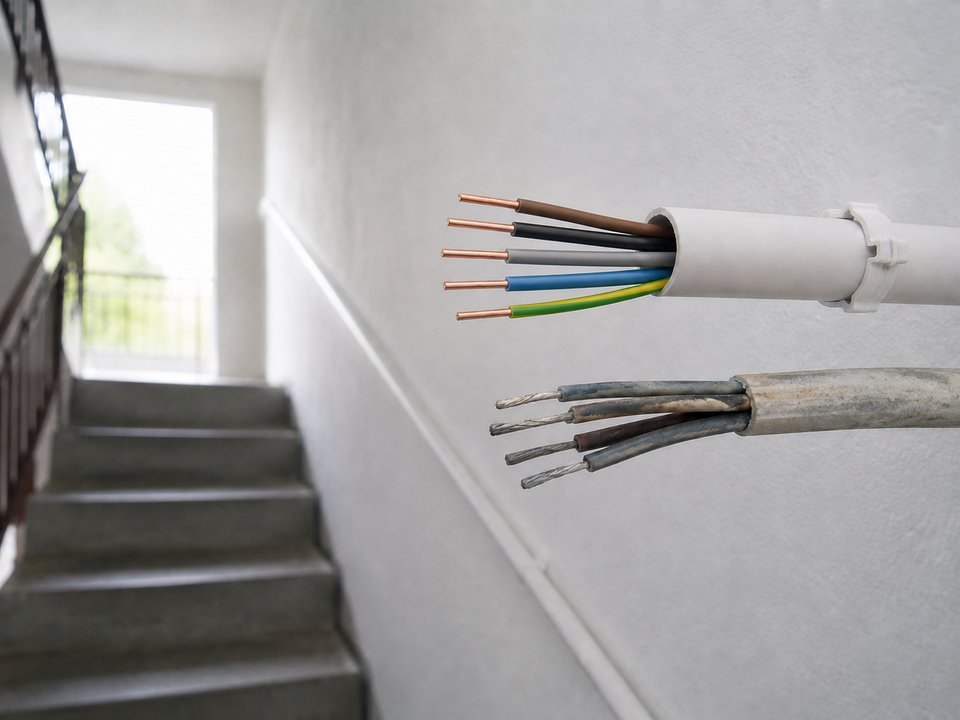 Kabel instalacji zasilającej prowadzony do budynku gospodarczego
